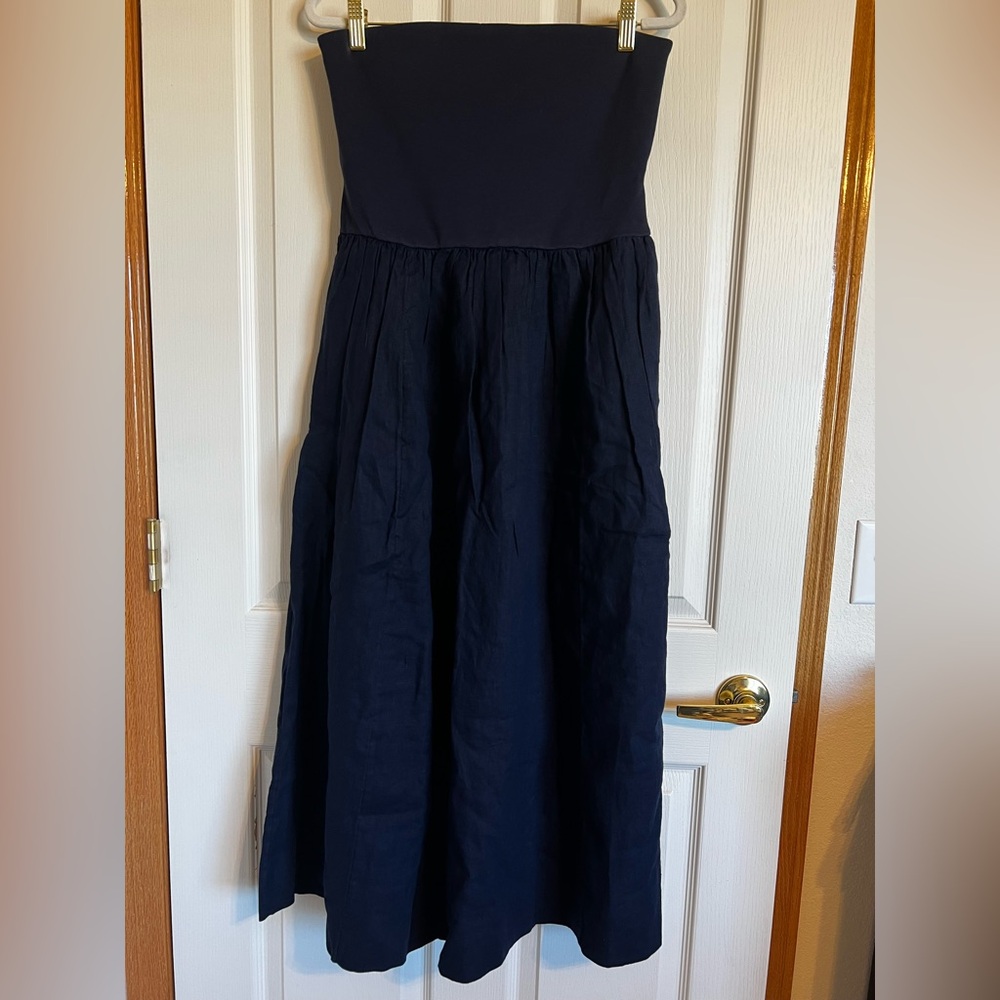 Strapless Navy Midi Dress with Fitted Bodice